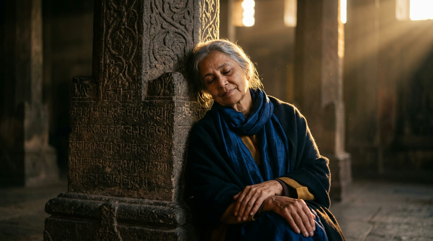 An elderly woman resting against an ancient stone pillar